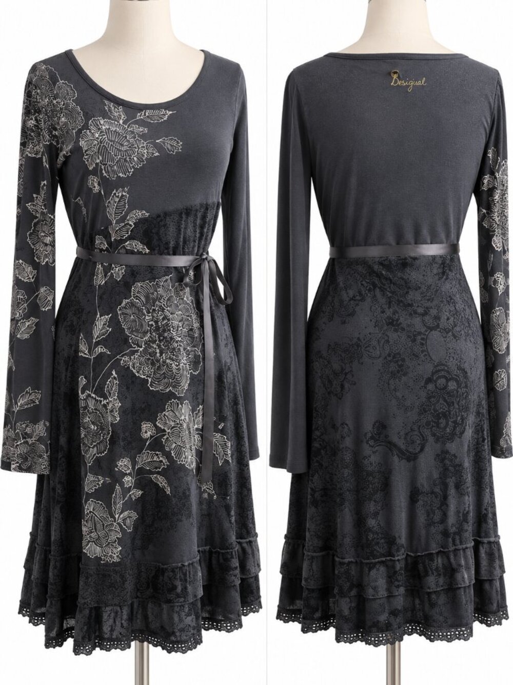 DESIGUAL CELINE GREY LACE PATTERN DRESS L